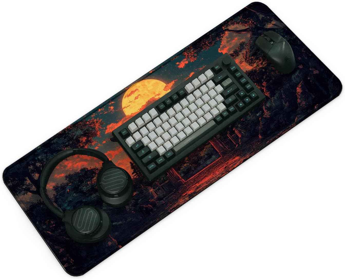 Japanese Forest Full Moon Gaming Mouse Pad with Non-Slip Rubber Base, Large Anime Mousepad with Stitched Edges, Long Keyboard Mat for Home and Office, 31.5 x 11.8 inches