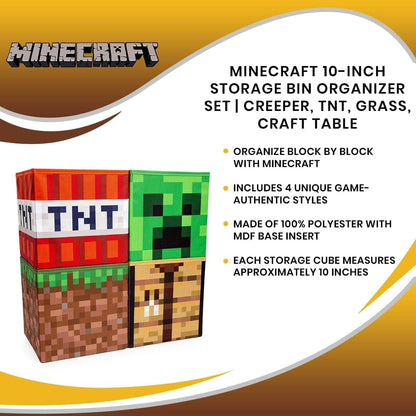 Minecraft 10-Inch Storage Set of 4 Bins | Includes Creeper, TNT, Grass, Crafting Table | Fabric Basket Container, Cubby Closet Organizer, Home Decor for Playroom | Video Game Gifts And Collectibles