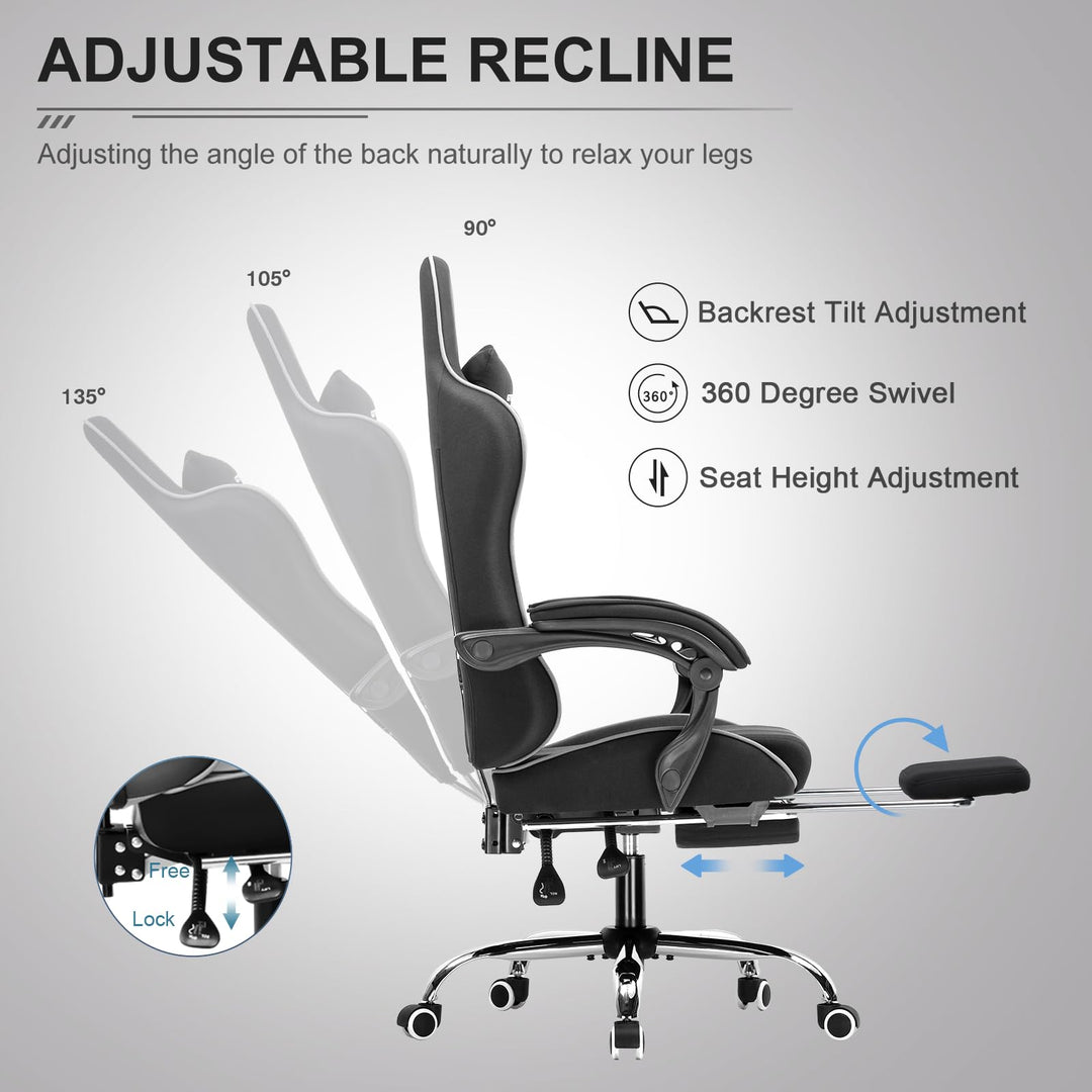 GTPLAYER Gaming Chair, Computer Chair with Footrest and Lumbar Support, Height Adjustable Game Chair with 360° - Swivel Seat and Headrest and for Office or Gaming (White) - Gapo Goods - 