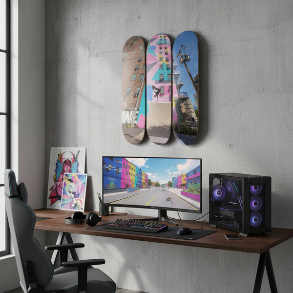 3-Panel Maple Wood Skateboard Wall Art - Made in USA, 31x25 Inch Gaming Room Decor