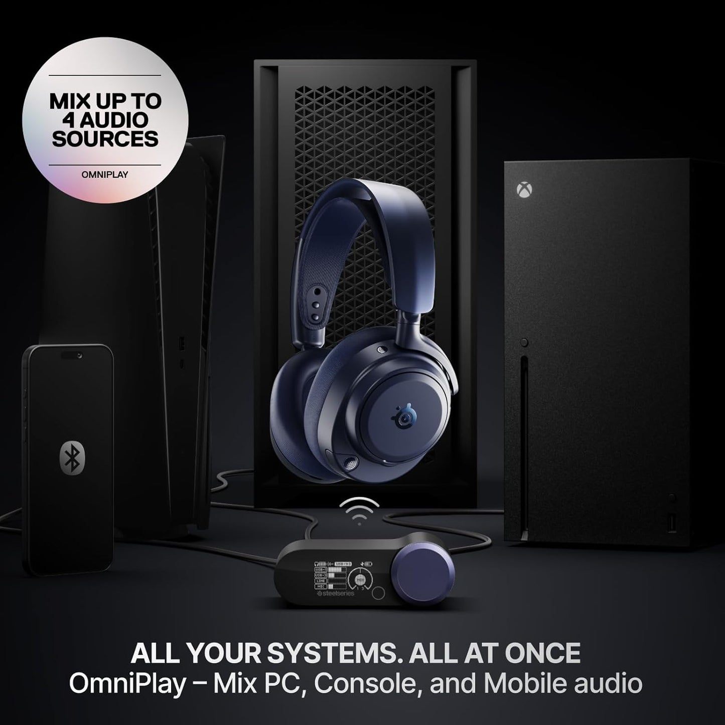 SteelSeries Arctis Nova Pro Omni - Hi-Res Wireless Gaming Headset, 96kHz/24bit, ANC, ClearCast Pro Mic, AI Noise Rejection, Mobile App, Mix 2.4GHz + BT, OmniPlay PC+PlayStation+Xbox - Midnight Blue
