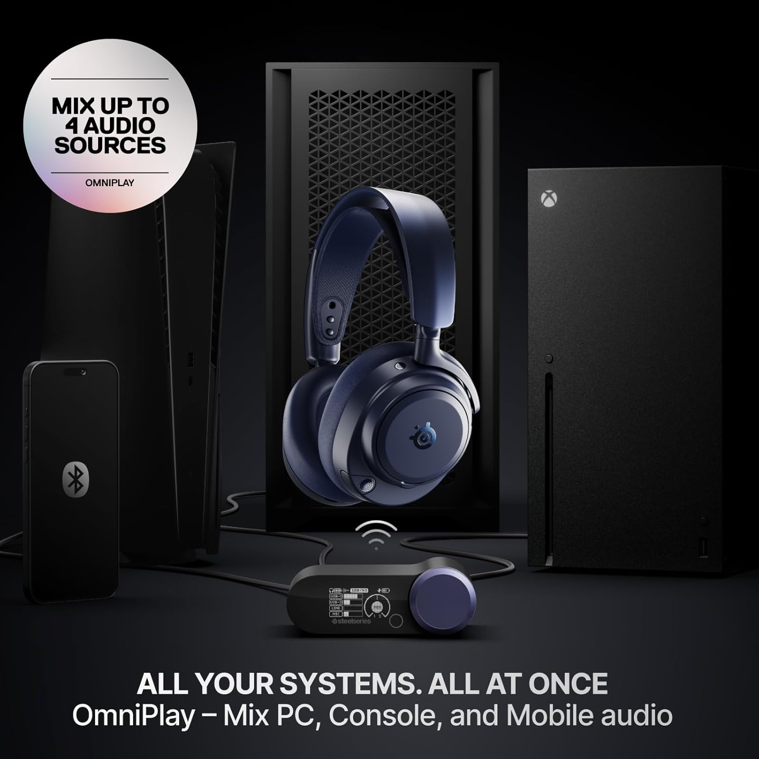 SteelSeries Arctis Nova Pro Omni - Hi-Res Wireless Gaming Headset, 96kHz/24bit, ANC, ClearCast Pro Mic, AI Noise Rejection, Mobile App, Mix 2.4GHz + BT, OmniPlay PC+PlayStation+Xbox - Midnight Blue