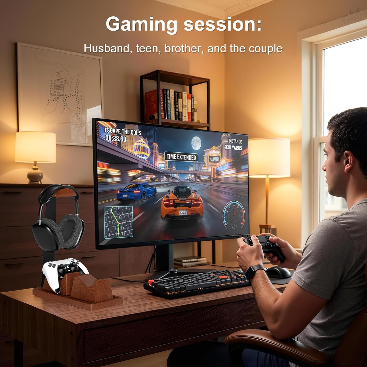 UPERGO Headphone and Headset Stand with Controller Holders for Gaming Desk | Solid Wood, Holds 2 Controllers, Storage Tray for Gaming Accessories, Compatible with PS5 and Xbox