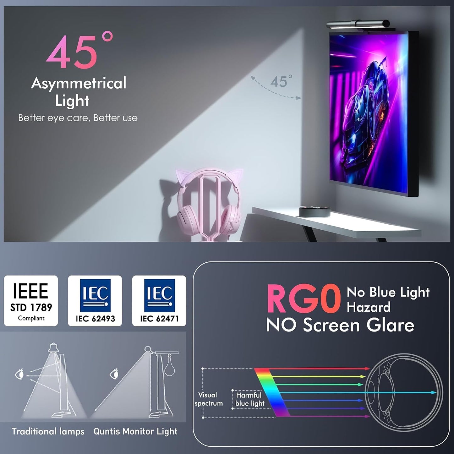 Quntis RGB Monitor Light Bar with Remote, Flat Curved & Ultrawide Fits