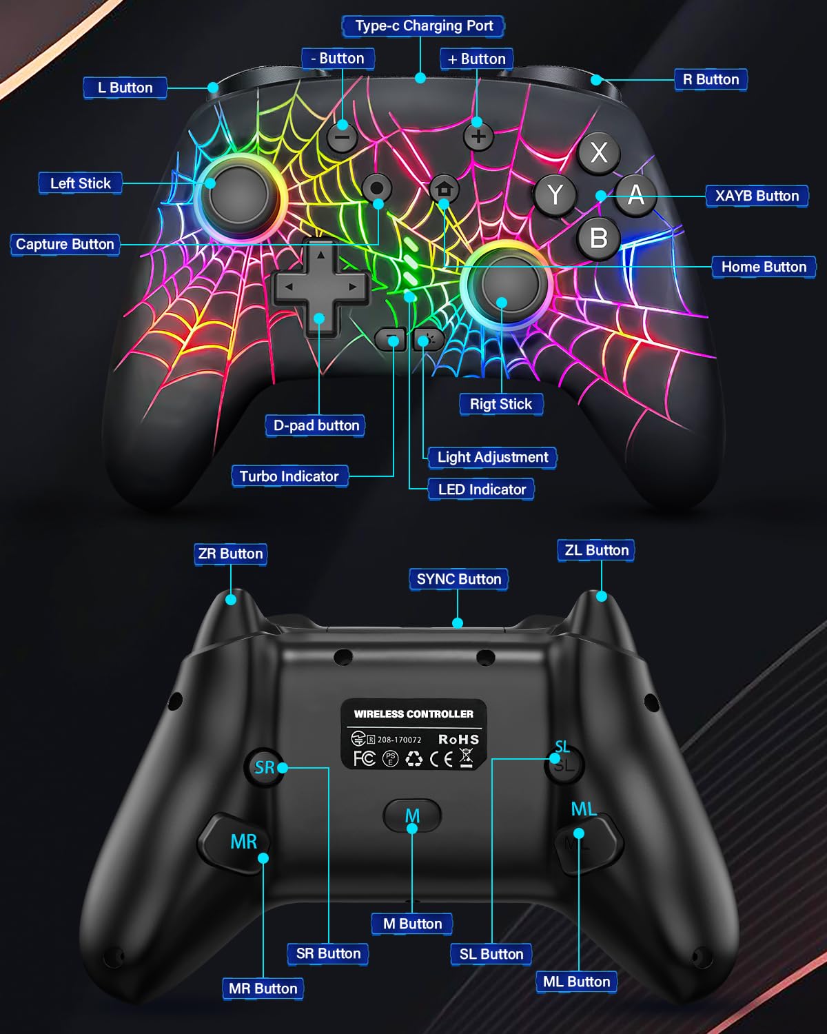 DBEPANK Switch Controller, Wireless Pro Controller Compatible with Nitendo Switch/Switch Lite/Switch OLED, Switch Controller Pro, Rechargeable Switch Remote Gamepad with 6-Axis Gyro,10 RGB Light