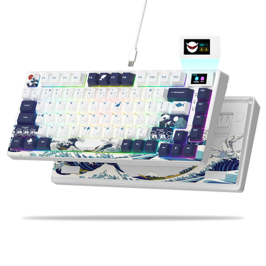 Womier S-K80 75% Keyboard with Color Multimedia Display Mechanical Gaming Keyboard, Hot Swappable Keyboard, Gasket Mount RGB Custom Keyboard, Pre-lubed Stabilizer for Mac/Win, Black Kanagawa Theme