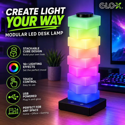 GLO-X Modular RGB Desk Lamp, Stackable LED Touch Light for Gaming & Bedroom