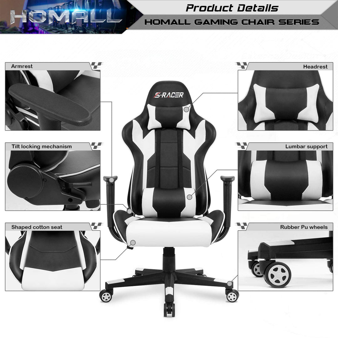 Homall Gaming Chair, Office Chair High Back Computer Chair Leather Desk Chair Racing Executive Ergonomic Adjustable Swivel Task Chair with Headrest and Lumbar Support (White) - Gapo Goods - 