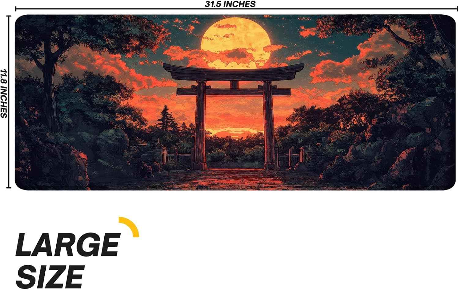 Japanese Forest Full Moon Gaming Mouse Pad with Non-Slip Rubber Base, Large Anime Mousepad with Stitched Edges, Long Keyboard Mat for Home and Office, 31.5 x 11.8 inches