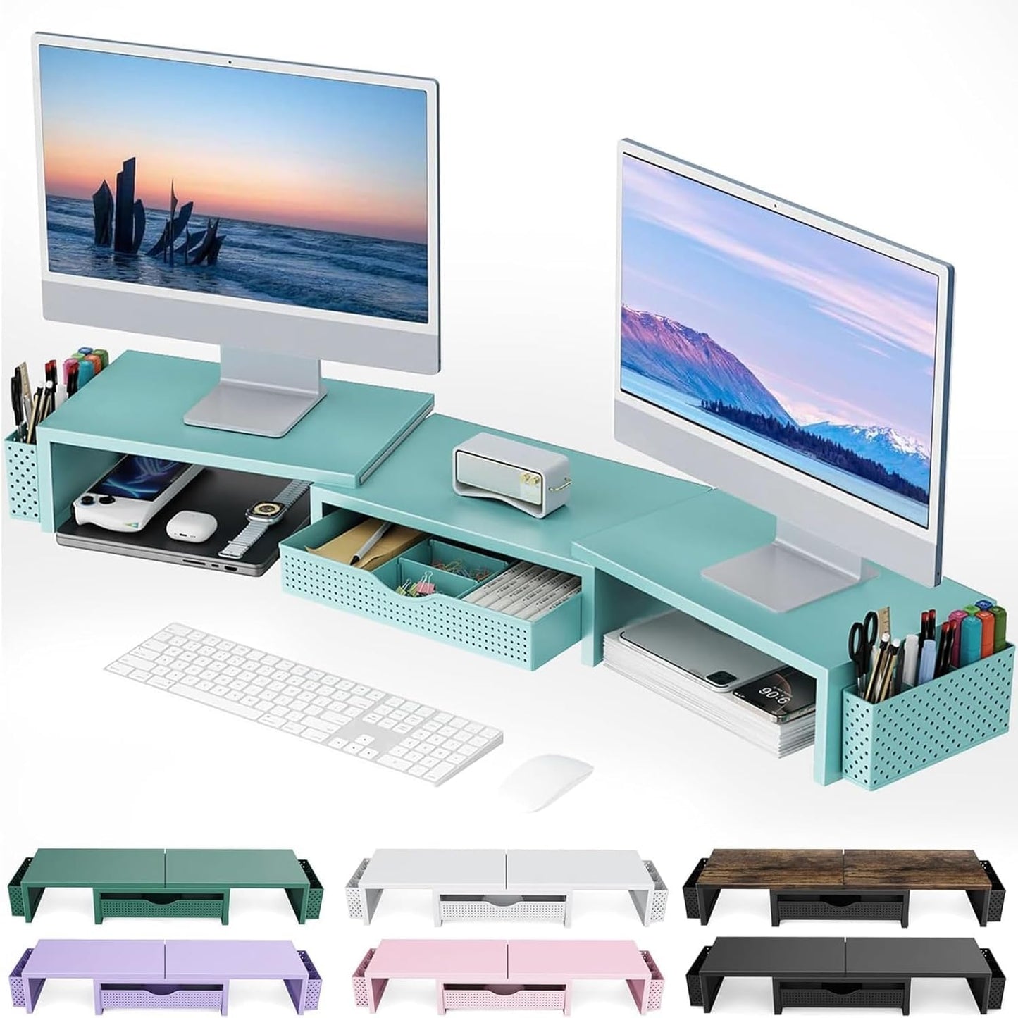gianotter Dual Monitor Stand Riser With Drawer and 2 Pen Holders | Computer Monitor Stand Desk Organizer and Accessories Desk Shelf for Top of Desk (Green)