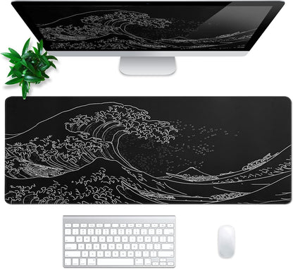 Japanese Gaming Mouse Pad Abstract Black Mouse Pad 31.5x11.8 Inch Black Sea Wave Texture Non-Slip Rubber Base Large Ocean Mousepad Stitched Edges Keyboard Mouse Mat Desk Pad for Office and Home