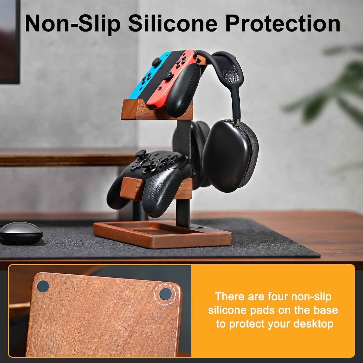 Solid Wood Controller Holder and Headphone Stand, Controller Stand for Desk | Dual Gaming Controller Organizer Rack, Fits Xbox, PS4, PS5, Gamepad, Headset Holder for Son, Husband, Boyfriend