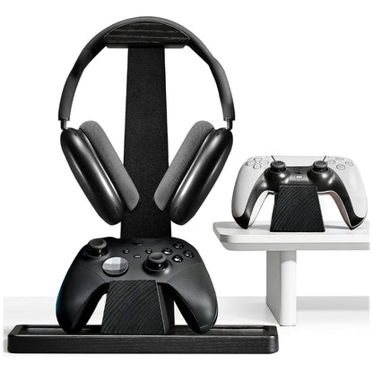 UPERGO Headphone and Headset Stand with Controller Holders for Gaming Desk | Solid Wood, Holds 2 Controllers, Storage Tray for Gaming Accessories, Compatible with PS5 and Xbox