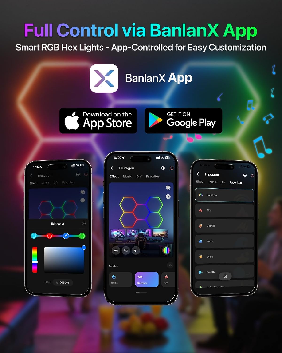 Glitgate RGB Hexagon Lights, 11-Hex with Music Sync, Timer, 100-240VAC