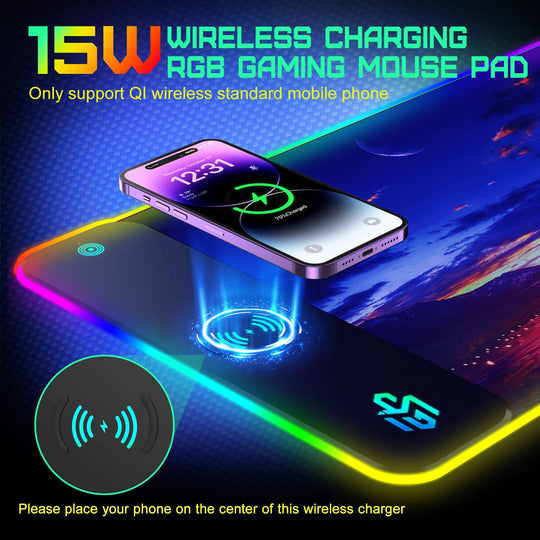GIM Wireless Charging RGB Gaming Mouse Pad 15W, LED Mouse Mat 800x300x4MM, 10 Light Modes Extra Large Mousepad Non-Slip Rubber Base Computer Keyboard Mat for Gaming, MacBook, PC, Laptop, Desk
