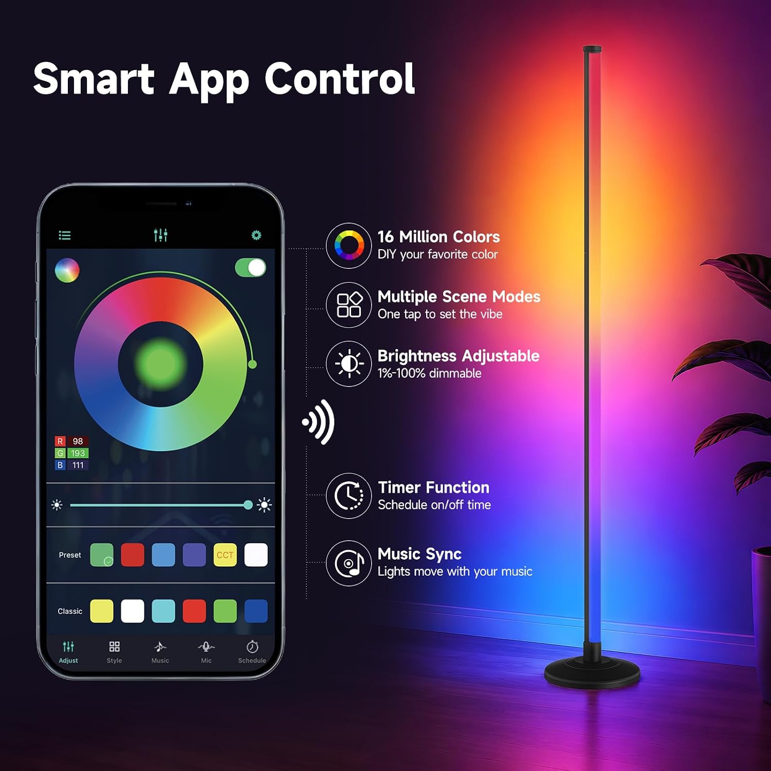Bevenus RGB Corner Floor Lamp,1800LM LED Standing Lamp for Gaming Room,1P