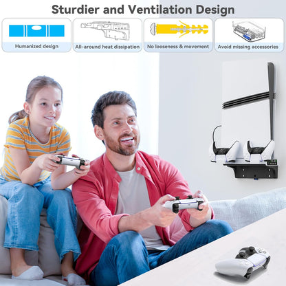 PS5 Wall Mount Kit with Cooling Fan & Controller Charging Station, PS5 Floating Shelf for PS5/Slim/Pro Disc & Digital Console, Mountable Behind PC Monitor for PS5 Accessories, Sega Genesis Consoles