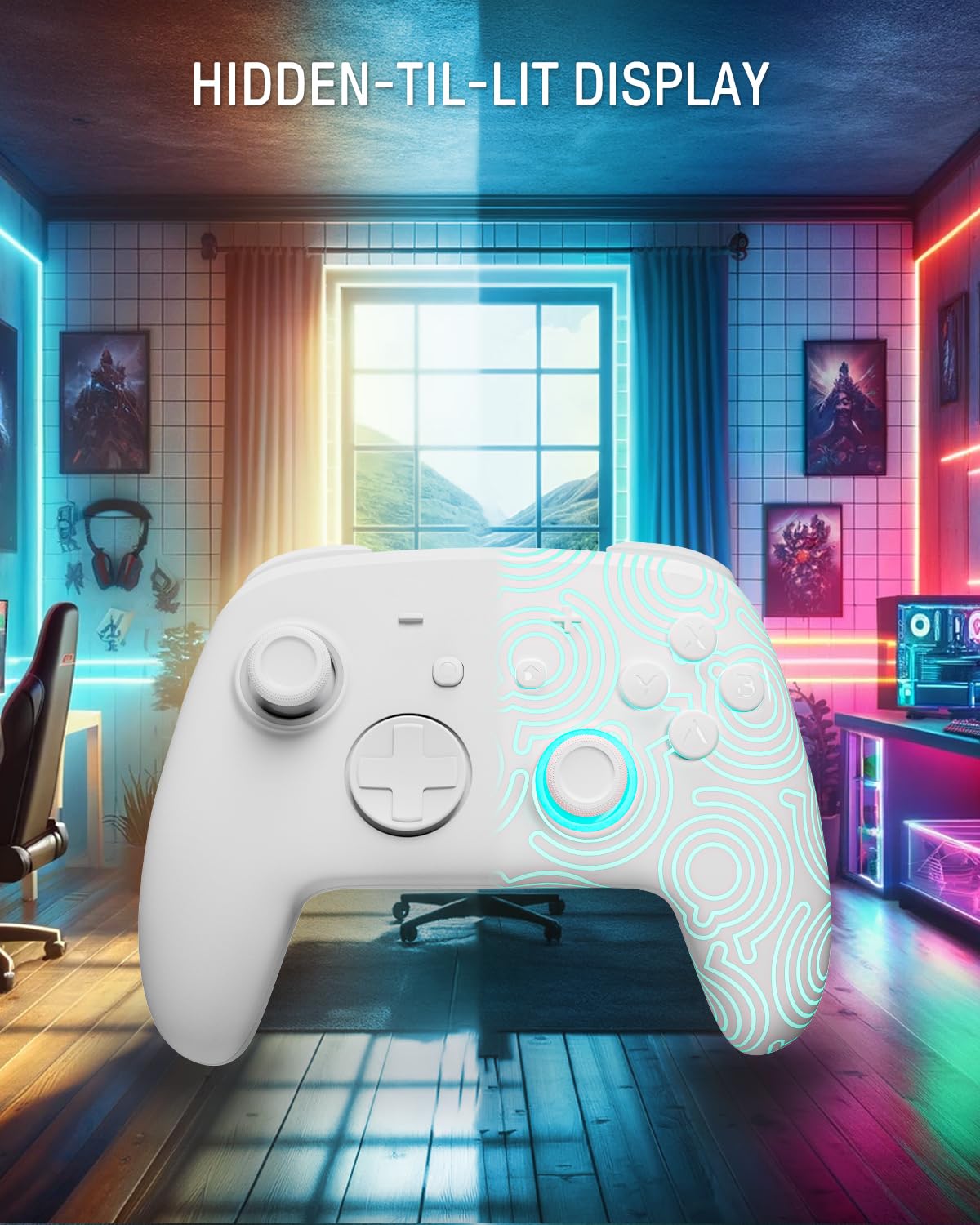 FUNLAB [Luminous Pattern] Switch Pro Controller Wireless Compatible with Switch/OLED/Lite, Firefly Bluetooth Remote Gamepad with 7 LED Colors/Paddle/Turbo/Motion Control - White