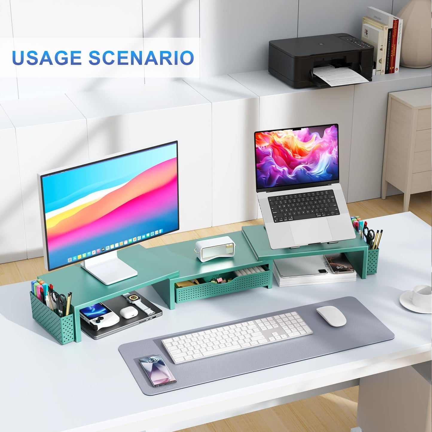 gianotter Dual Monitor Stand Riser With Drawer and 2 Pen Holders | Computer Monitor Stand Desk Organizer and Accessories Desk Shelf for Top of Desk (Green)