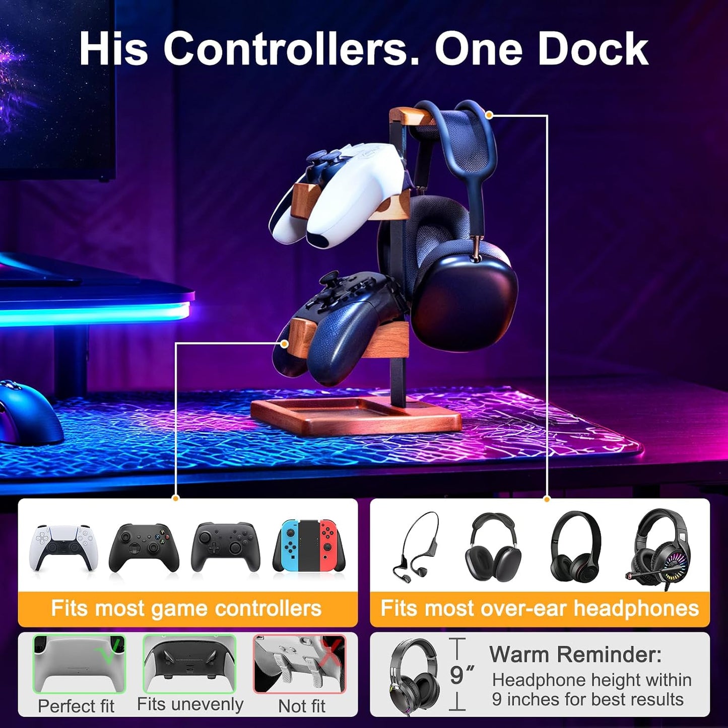 Solid Wood Controller Holder and Headphone Stand, Controller Stand for Desk | Dual Gaming Controller Organizer Rack, Fits Xbox, PS4, PS5, Gamepad, Headset Holder for Son, Husband, Boyfriend