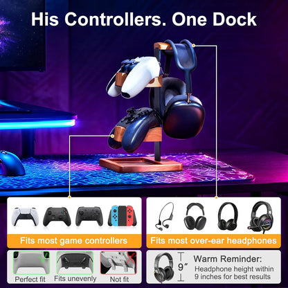 Solid Wood Controller Holder and Headphone Stand, Controller Stand for Desk | Dual Gaming Controller Organizer Rack, Fits Xbox, PS4, PS5, Gamepad, Headset Holder for Son, Husband, Boyfriend