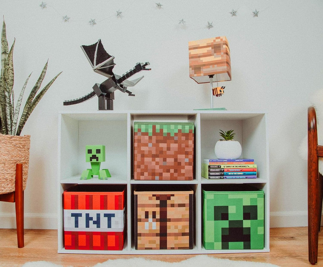 Minecraft 10-Inch Storage Set of 4 Bins | Includes Creeper, TNT, Grass, Crafting Table | Fabric Basket Container, Cubby Closet Organizer, Home Decor for Playroom | Video Game Gifts And Collectibles