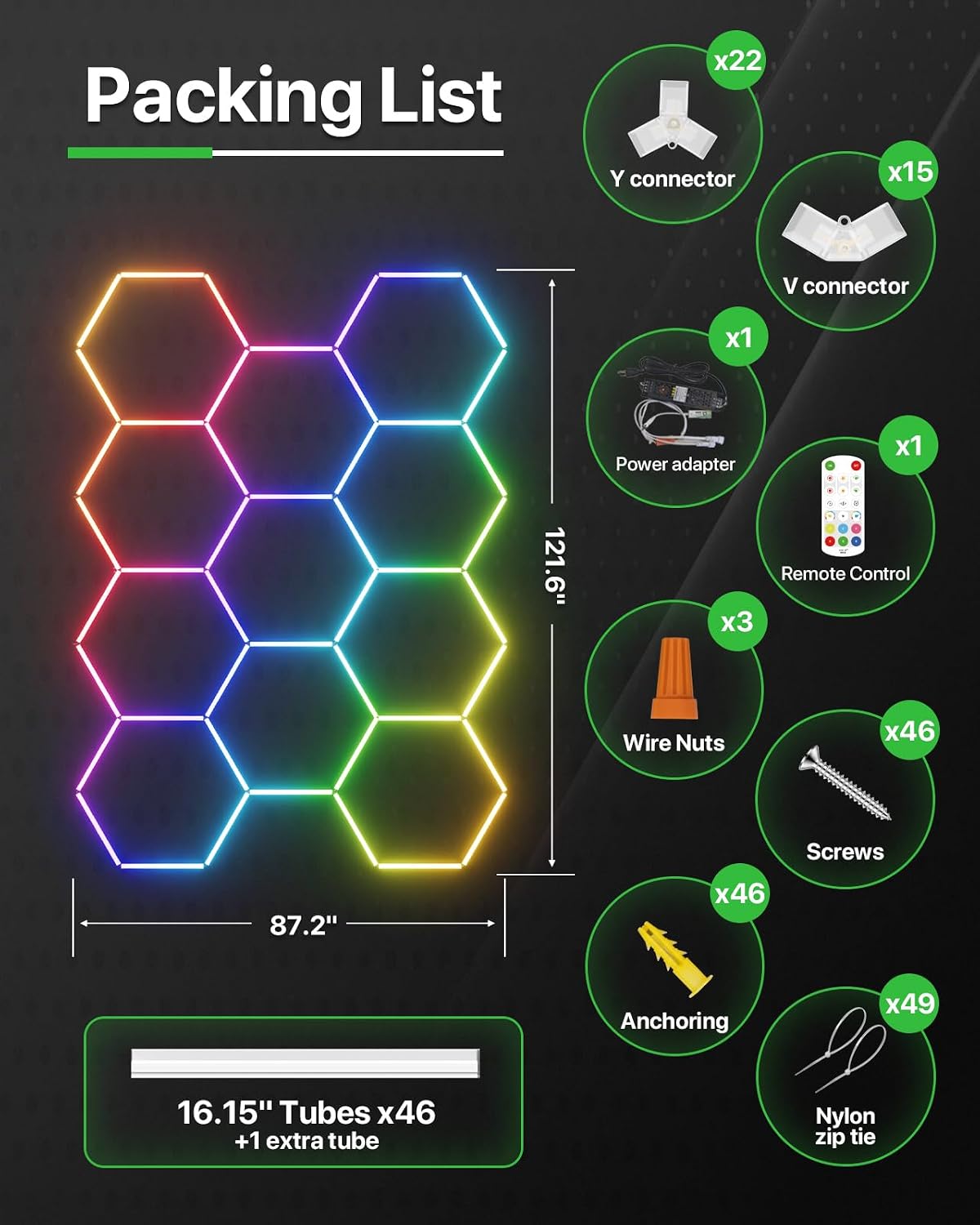 Glitgate RGB Hexagon Lights, 11-Hex with Music Sync, Timer, 100-240VAC