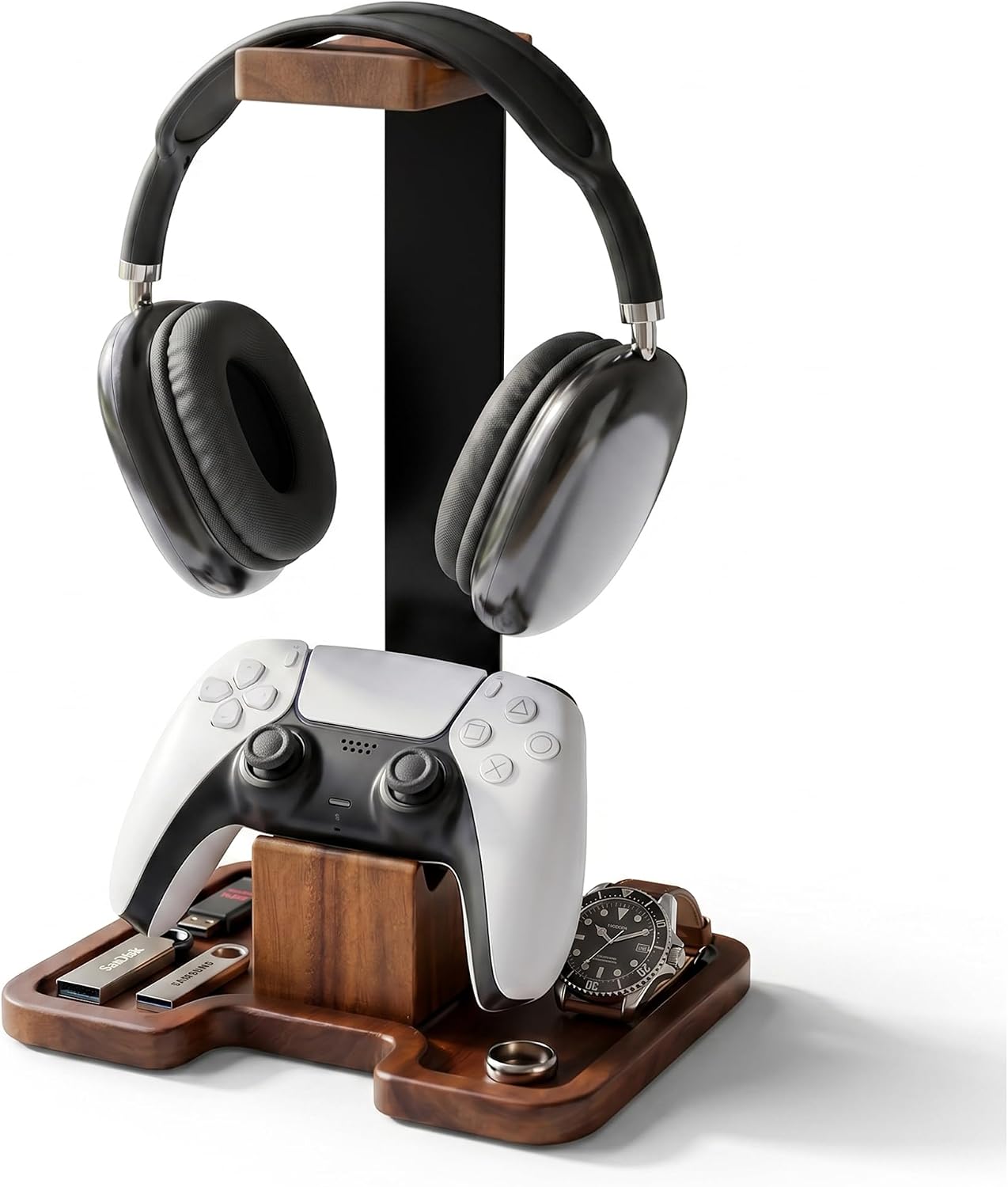 Gaming Equipment Headset Stand with Game Controller Holder & Storage Base, Stylish Gamer Gifts for Men Teenage Boy Headphone Stand, Unique Gifts for Gamers to Organize Gaming Accessories (Brown Wood)