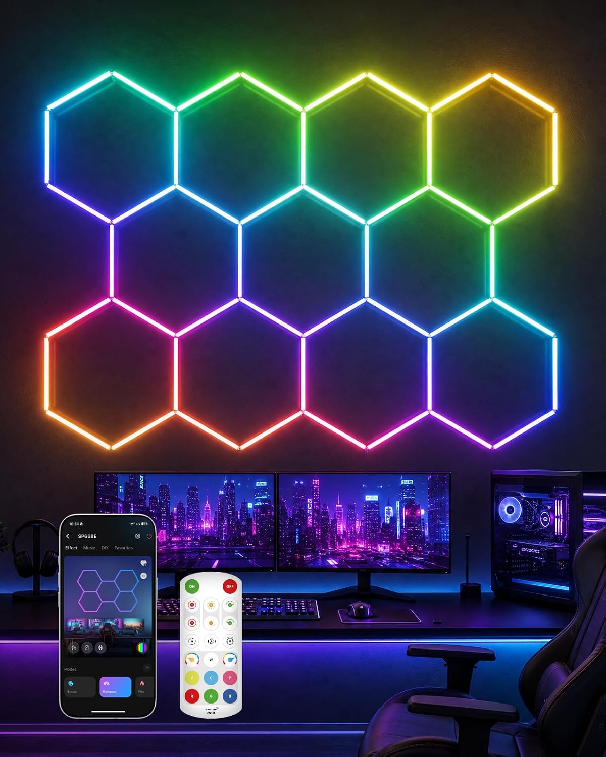 Glitgate RGB Hexagon Lights, 11-Hex with Music Sync, Timer, 100-240VAC