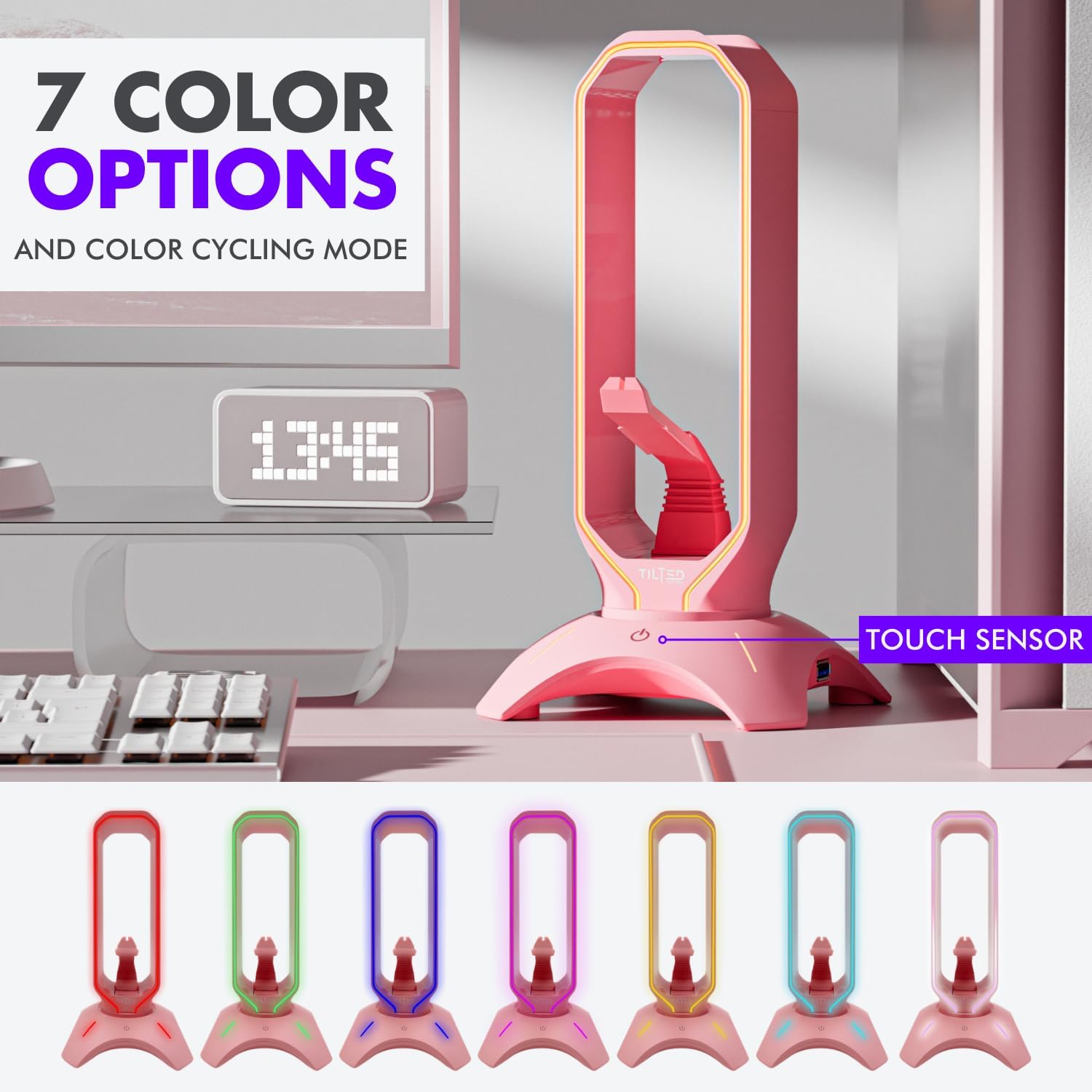 Tilted Nation Cute Headphone Stand Pink | Headset Stand with RGB, Mouse Bungee Holder, and 2 Port USB Hub Charger - Desk Gaming Accessories