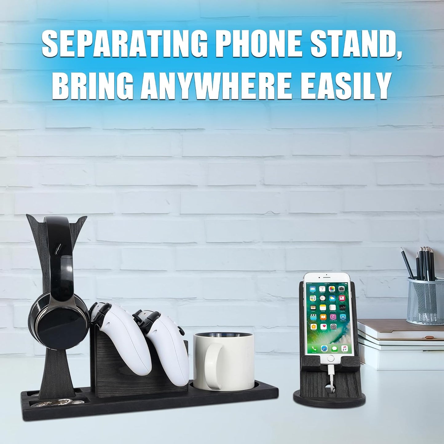 Unique Gift for Gamers, Game Room Decor. Unique Gaming Organizer with Headset Holder, Rotatable Phone Stand & Controller Stand. Wooden Gaming Gadget for Gaming Desktop, Streamer, Teenage Boy