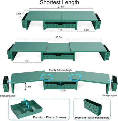 gianotter Dual Monitor Stand Riser With Drawer and 2 Pen Holders | Computer Monitor Stand Desk Organizer and Accessories Desk Shelf for Top of Desk (Green)