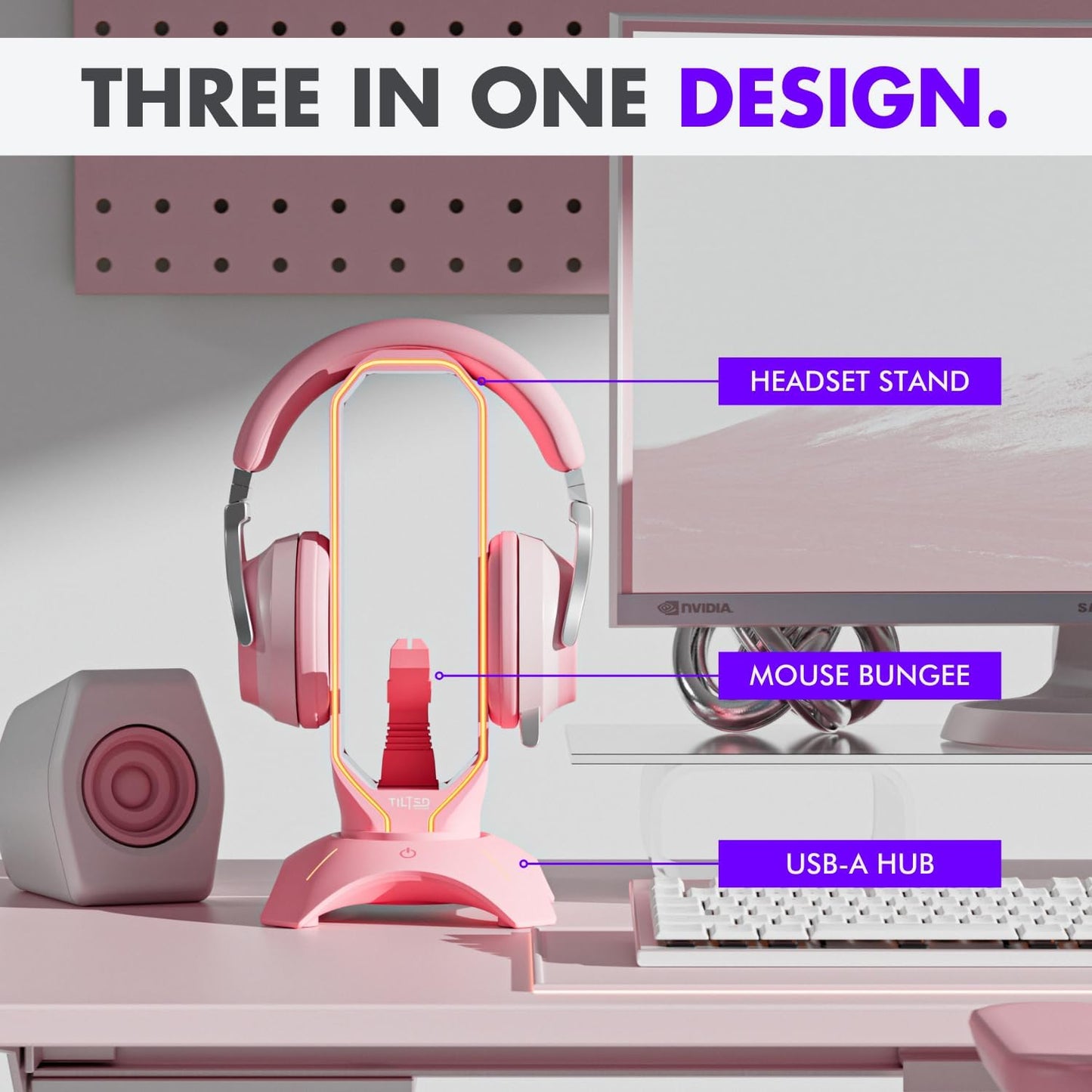 Tilted Nation Cute Headphone Stand Pink | Headset Stand with RGB, Mouse Bungee Holder, and 2 Port USB Hub Charger - Desk Gaming Accessories