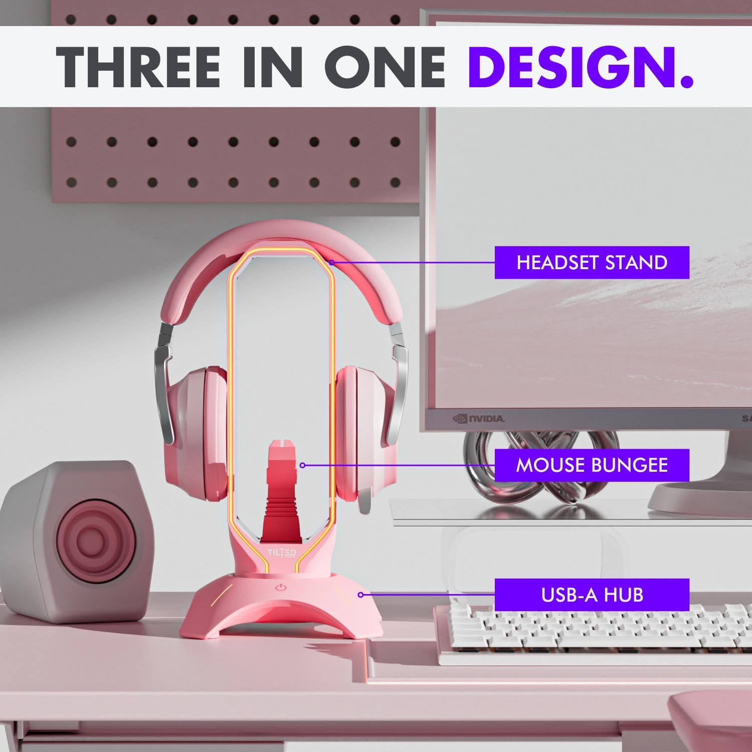 Tilted Nation Cute Headphone Stand Pink | Headset Stand with RGB, Mouse Bungee Holder, and 2 Port USB Hub Charger - Desk Gaming Accessories