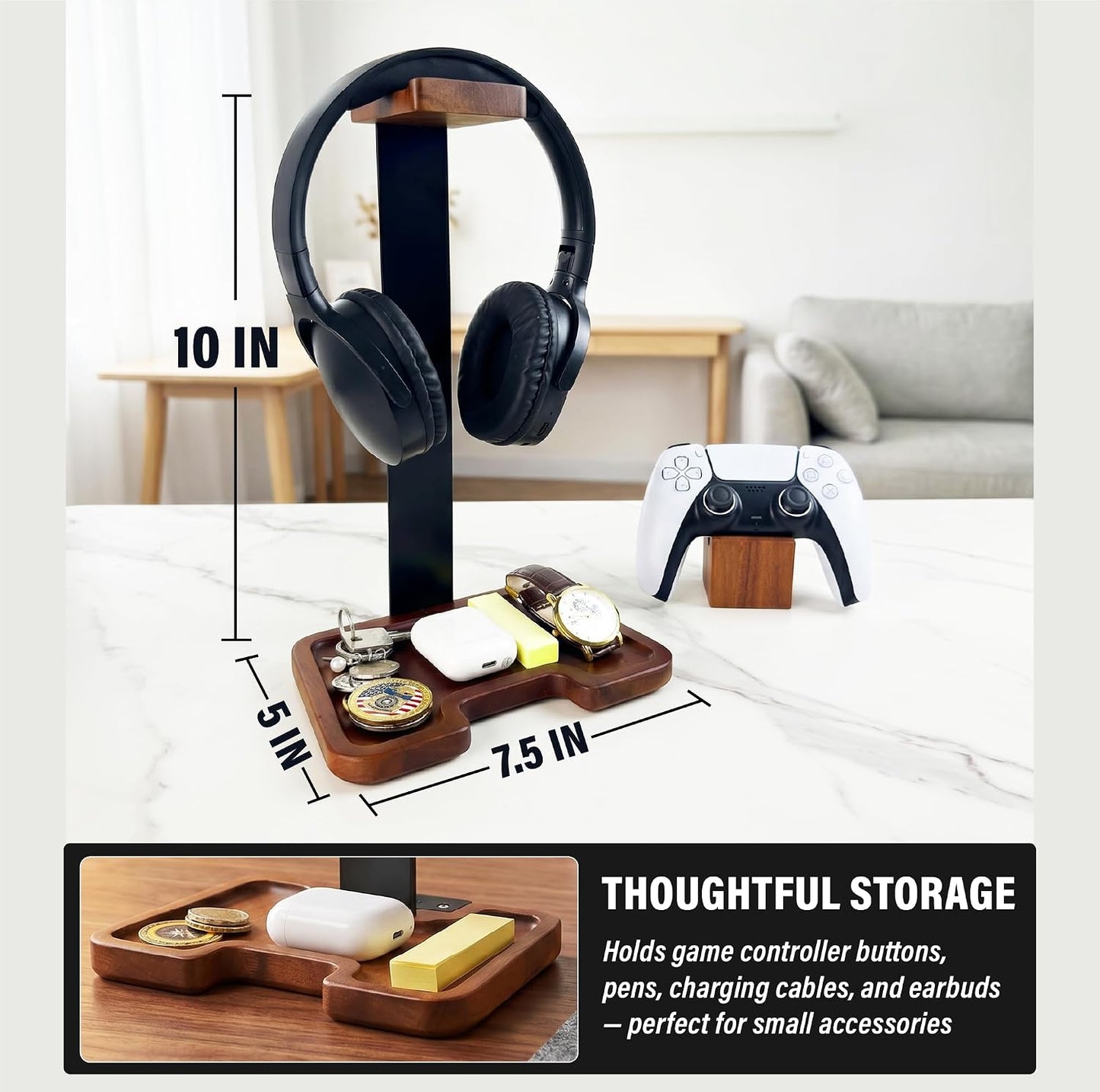 Gaming Equipment Headset Stand with Game Controller Holder & Storage Base, Stylish Gamer Gifts for Men Teenage Boy Headphone Stand, Unique Gifts for Gamers to Organize Gaming Accessories (Brown Wood)