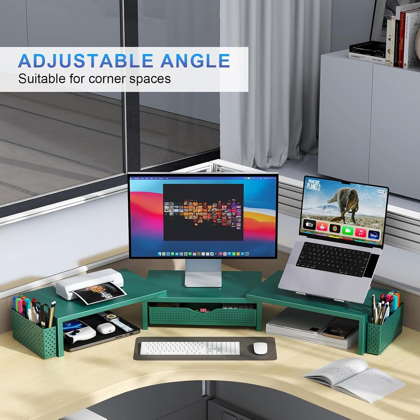 gianotter Dual Monitor Stand Riser With Drawer and 2 Pen Holders | Computer Monitor Stand Desk Organizer and Accessories Desk Shelf for Top of Desk (Green)