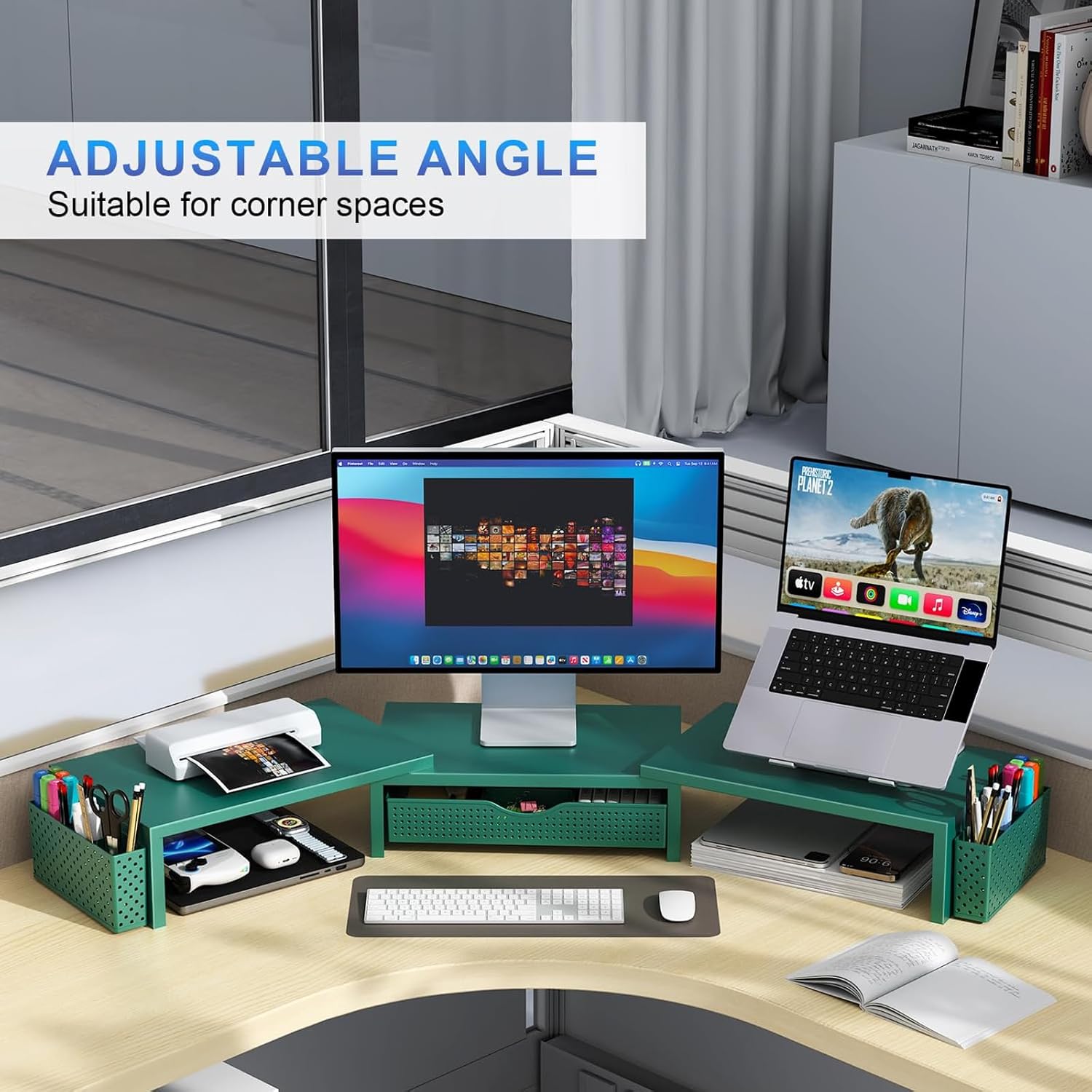 gianotter Dual Monitor Stand Riser With Drawer and 2 Pen Holders | Computer Monitor Stand Desk Organizer and Accessories Desk Shelf for Top of Desk (Green)