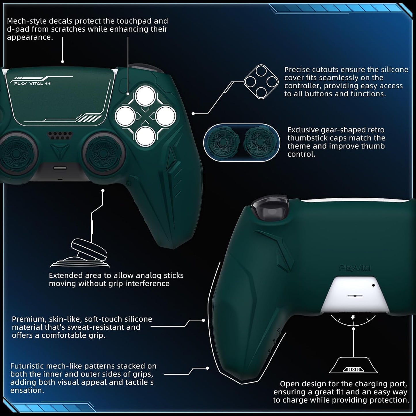PlayVital Silicone Skin Set for PS5 Controller - Charging Dock Compatible, Full Protection Case with Futuristic CyberMech Design, Soft Cover with Thumb Grips & Stickers - Racing Green