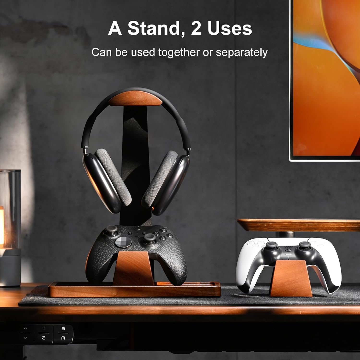 UPERGO Headphone and Headset Stand with Controller Holders for Gaming Desk | Solid Wood, Holds 2 Controllers, Storage Tray for Gaming Accessories, Compatible with PS5 and Xbox
