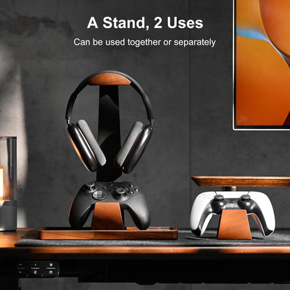 UPERGO Headphone and Headset Stand with Controller Holders for Gaming Desk | Solid Wood, Holds 2 Controllers, Storage Tray for Gaming Accessories, Compatible with PS5 and Xbox
