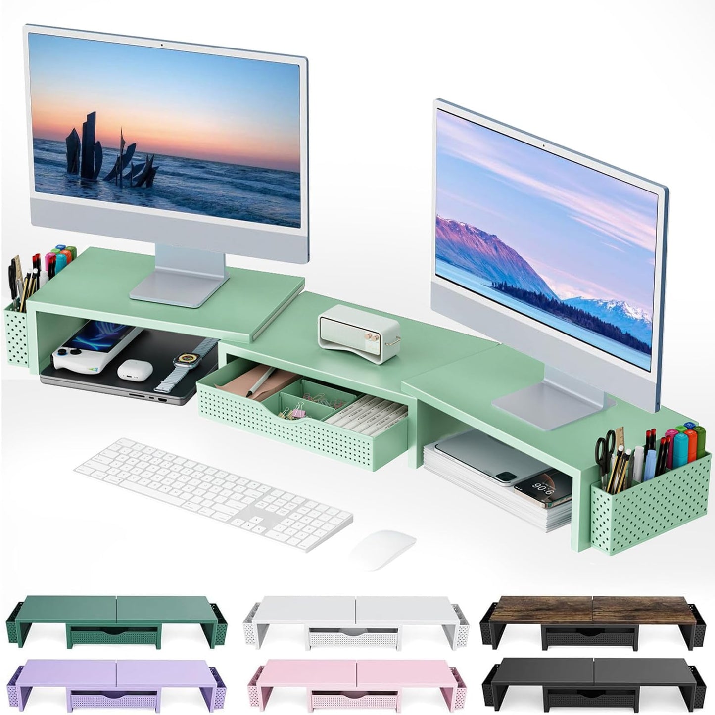 gianotter Dual Monitor Stand Riser With Drawer and 2 Pen Holders | Computer Monitor Stand Desk Organizer and Accessories Desk Shelf for Top of Desk (Green)