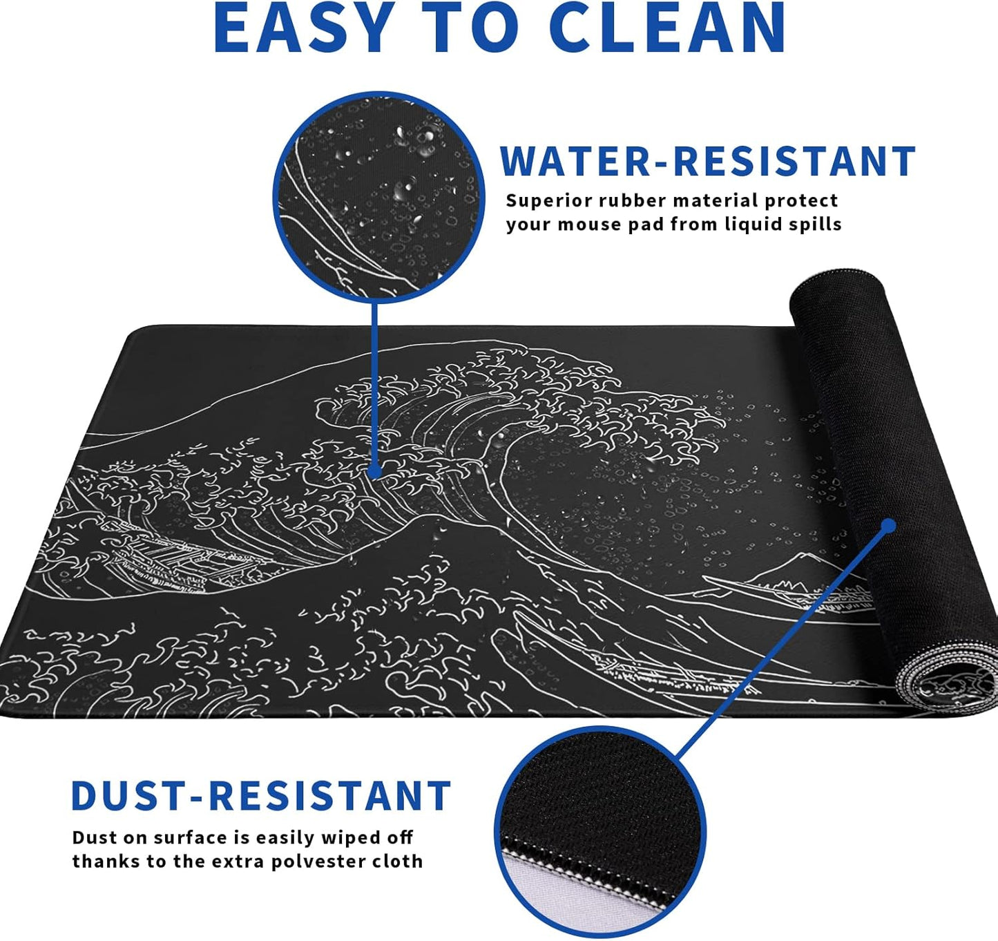 Japanese Gaming Mouse Pad Abstract Black Mouse Pad 31.5x11.8 Inch Black Sea Wave Texture Non-Slip Rubber Base Large Ocean Mousepad Stitched Edges Keyboard Mouse Mat Desk Pad for Office and Home