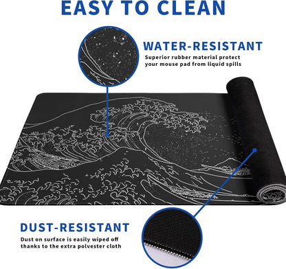 Japanese Gaming Mouse Pad Abstract Black Mouse Pad 31.5x11.8 Inch Black Sea Wave Texture Non-Slip Rubber Base Large Ocean Mousepad Stitched Edges Keyboard Mouse Mat Desk Pad for Office and Home