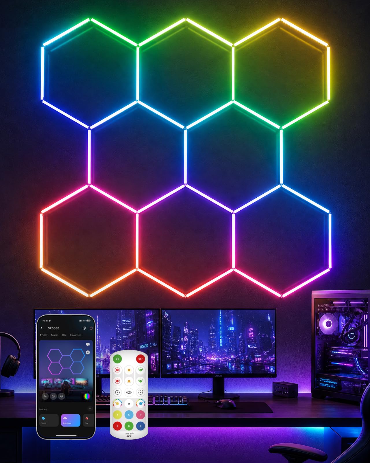 Glitgate RGB Hexagon Lights, 11-Hex with Music Sync, Timer, 100-240VAC