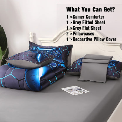 JQinHome Full Gamer Comforter Set,6 Piece Bed in A Bag 3D Video Game Bedding -All Season Down Alternative Gamer Bedding Sets - (Blue Game Controller)