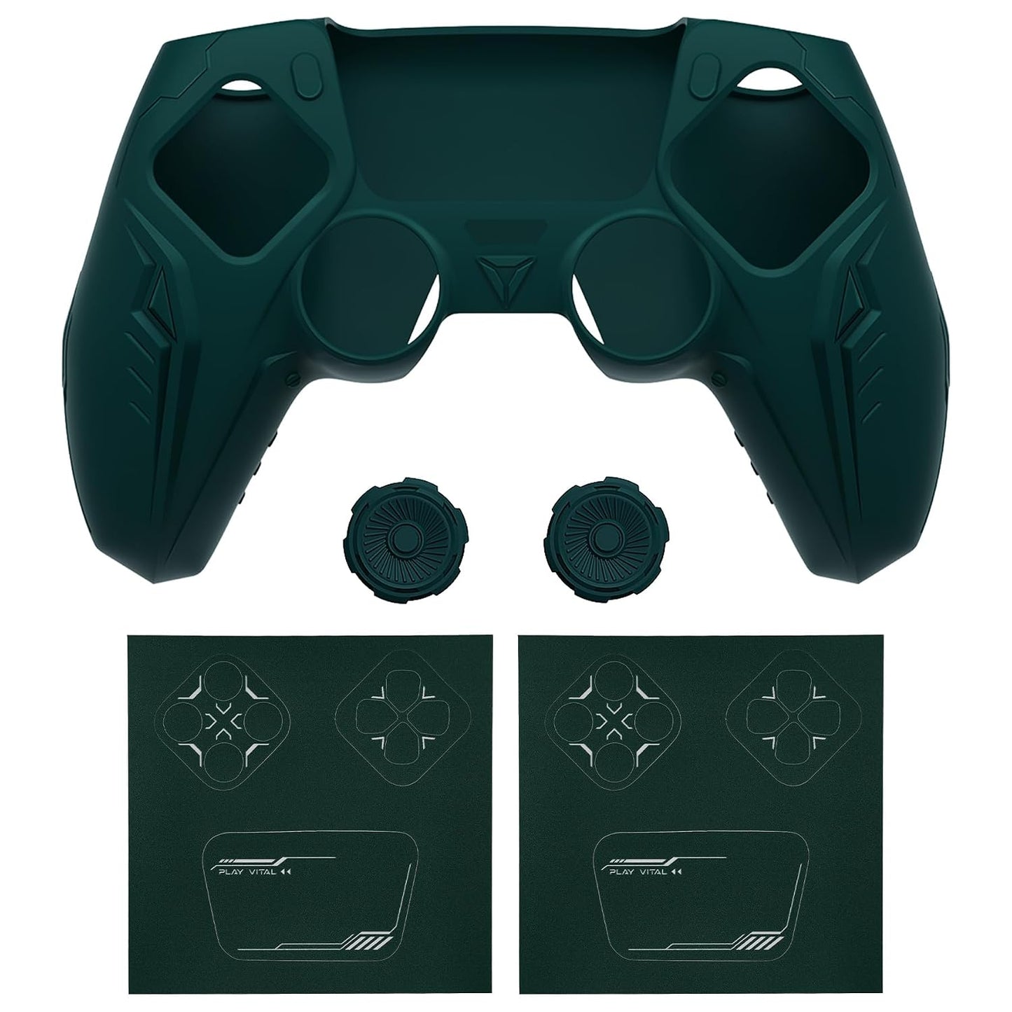 PlayVital Silicone Skin Set for PS5 Controller - Charging Dock Compatible, Full Protection Case with Futuristic CyberMech Design, Soft Cover with Thumb Grips & Stickers - Racing Green