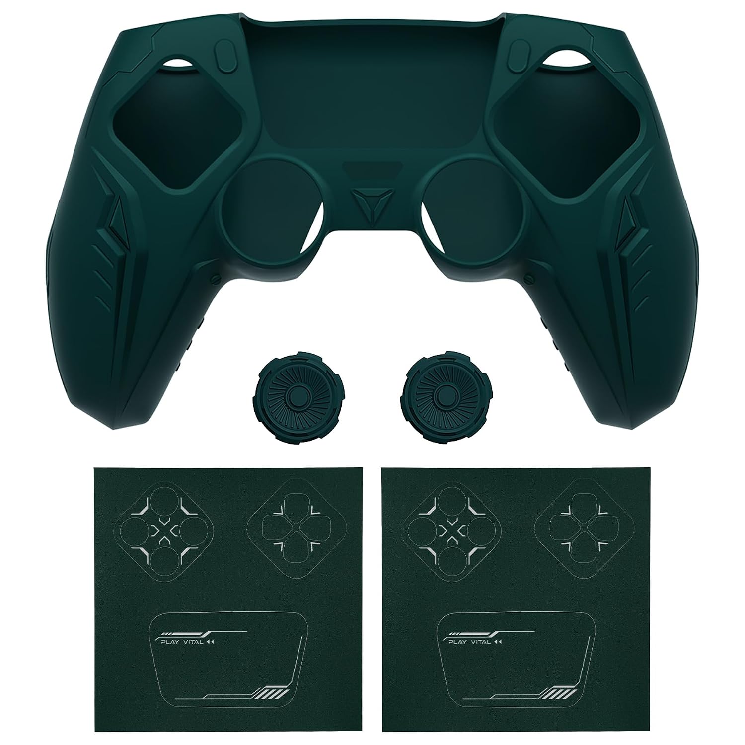 PlayVital Silicone Skin Set for PS5 Controller - Charging Dock Compatible, Full Protection Case with Futuristic CyberMech Design, Soft Cover with Thumb Grips & Stickers - Racing Green