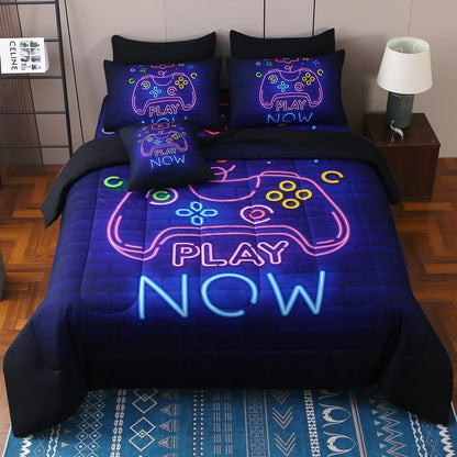 JQinHome Full Gamer Comforter Set,6 Piece Bed in A Bag 3D Video Game Bedding -All Season Down Alternative Gamer Bedding Sets - (Blue Game Controller)
