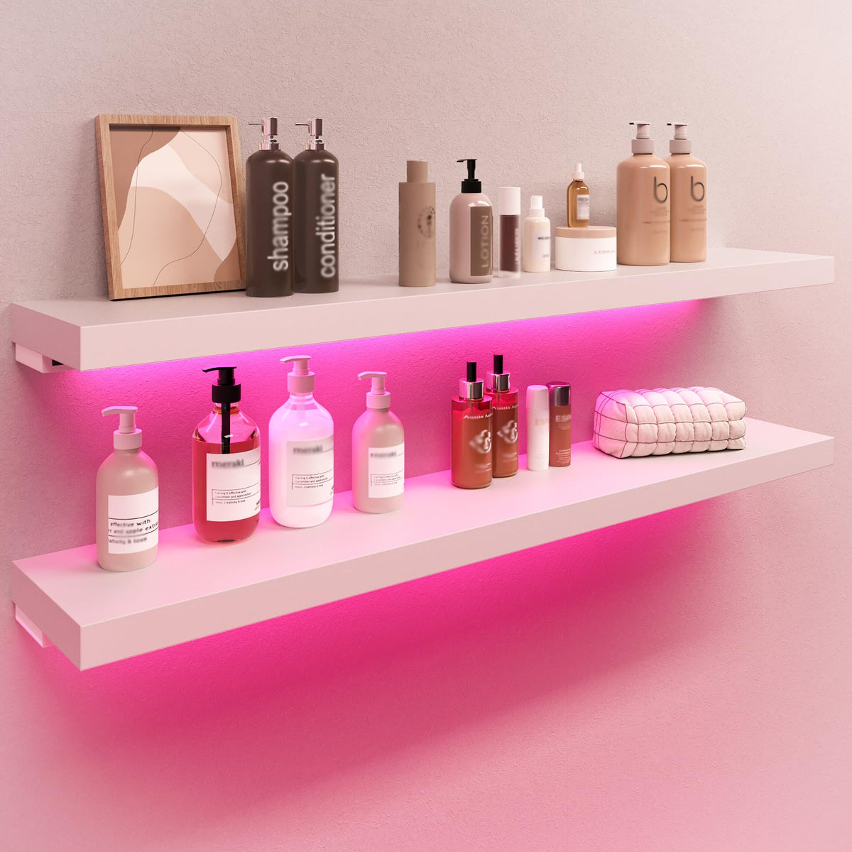 BAMEOS Floating Shelves with RGB LED, 31" Wall Mounted Wooden Shelves with Invisible Brackets, Set of 2, Hanging Wall Shelves for Bedroom, Bathroom, Living Room and Kitchen (Black)