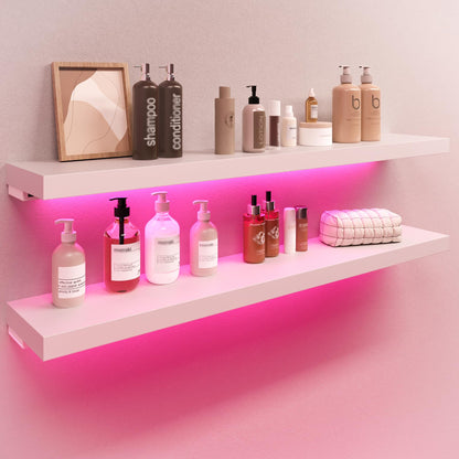 BAMEOS Floating Shelves with RGB LED, 31" Wall Mounted Wooden Shelves with Invisible Brackets, Set of 2, Hanging Wall Shelves for Bedroom, Bathroom, Living Room and Kitchen (Black)